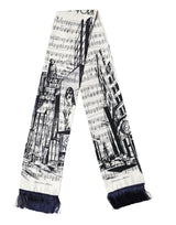 Dolce & Gabbana White Black Music City Print Silk Fringe 141cm X 15cm Scarf