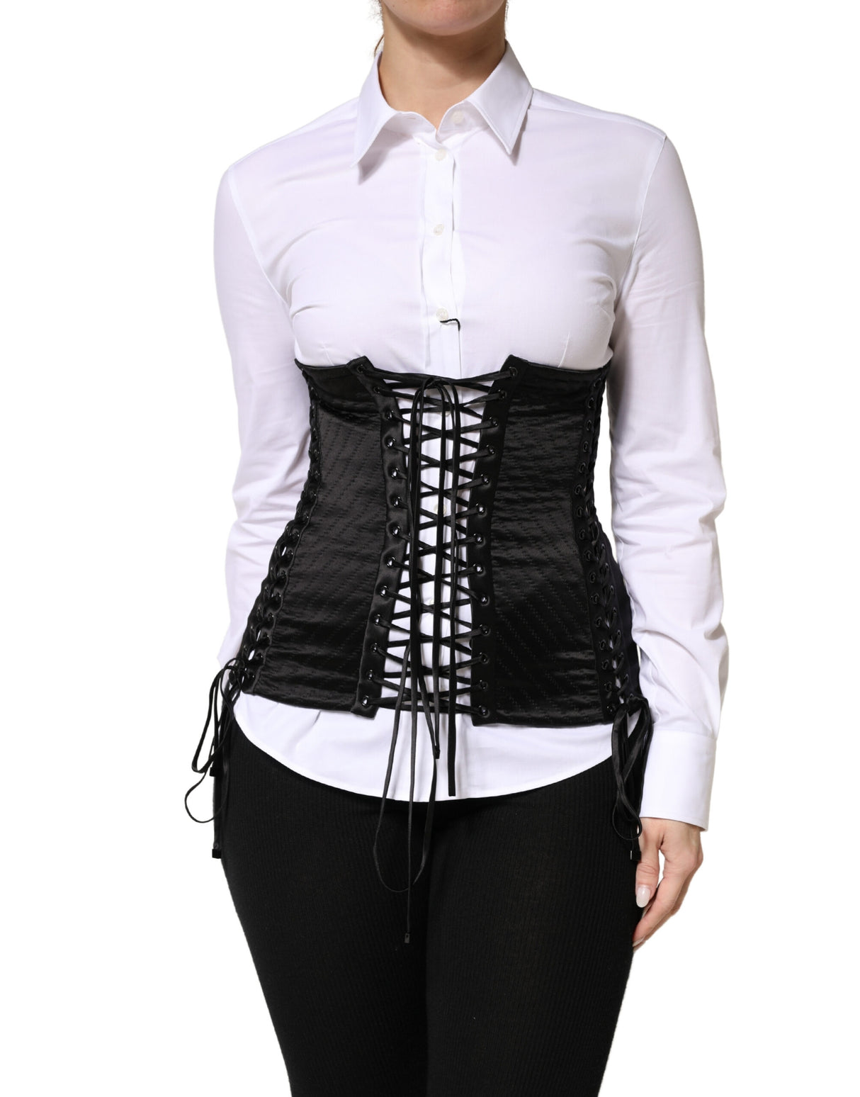Dolce & Gabbana Black Silk Lace-Up Waist Cincher Corset Top