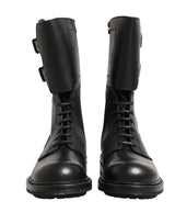 Dolce & Gabbana Black Leather Belted Buckle Combat Boots Shoes