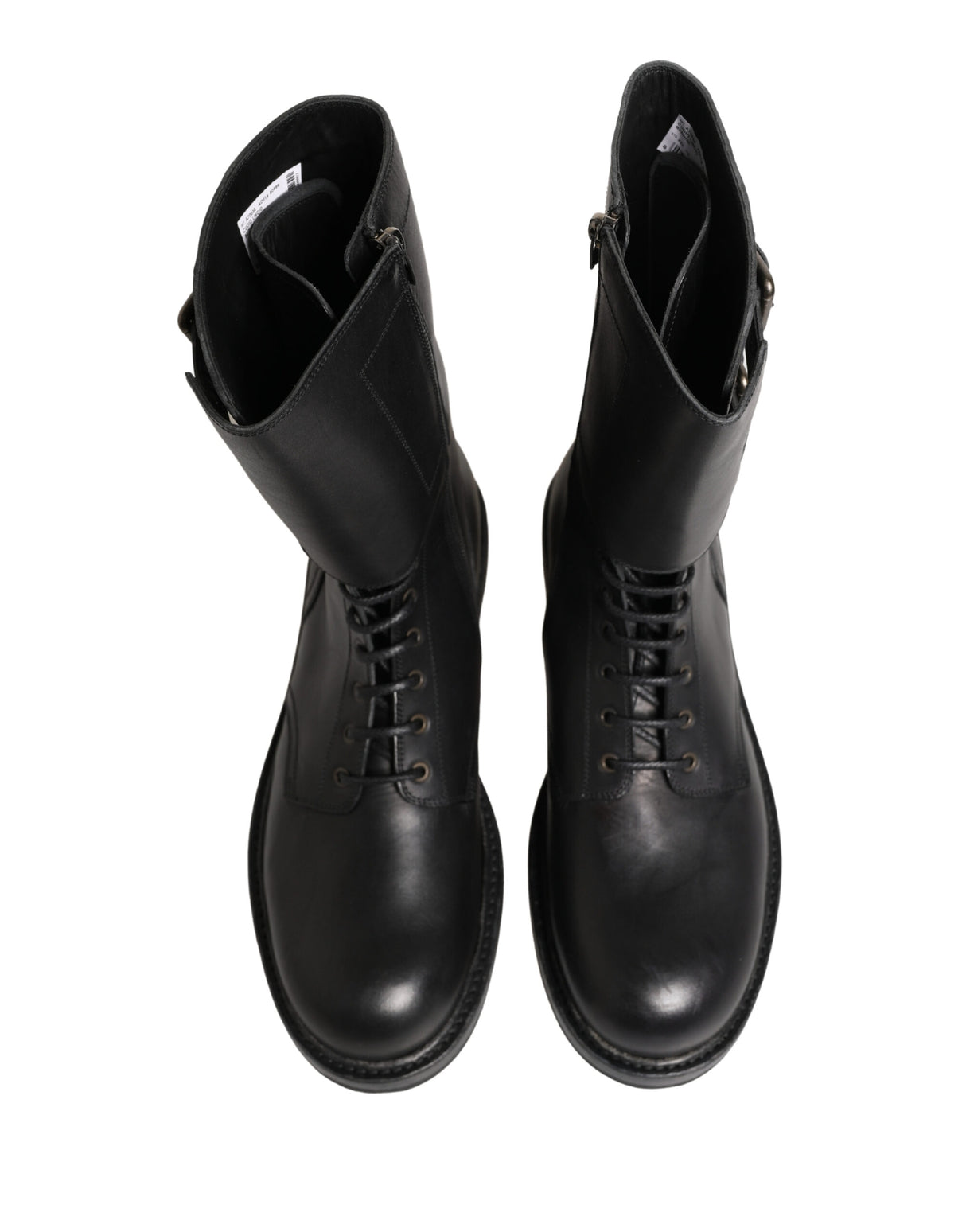 Dolce & Gabbana Black Leather Belted Buckle Combat Boots Shoes