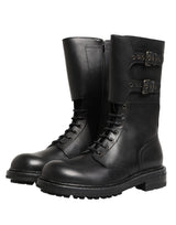 Dolce & Gabbana Black Leather Belted Buckle Combat Boots Shoes