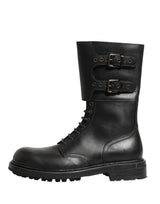 Dolce & Gabbana Black Leather Belted Buckle Combat Boots Shoes