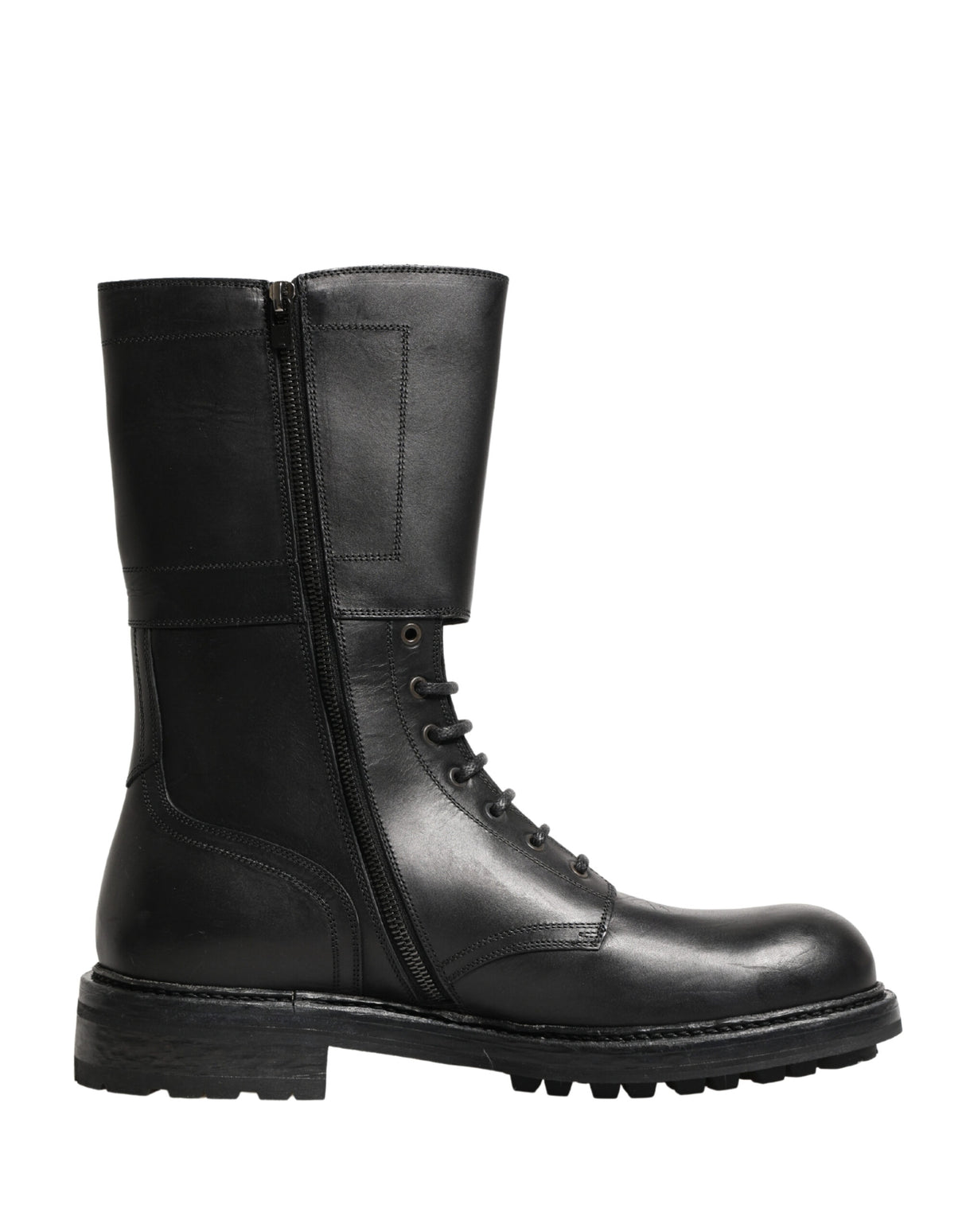 Dolce & Gabbana Black Leather Belted Buckle Combat Boots Shoes