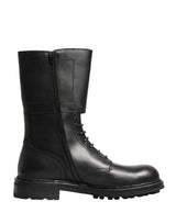 Dolce & Gabbana Black Leather Belted Buckle Combat Boots Shoes