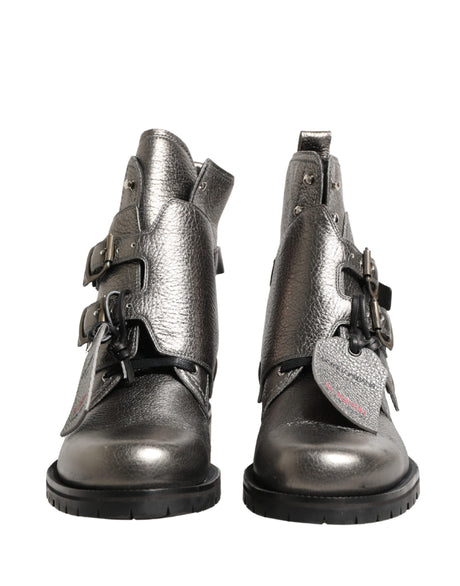 Dolce & Gabbana Metallic Silver Leather Buckle Ankle Boots Shoes