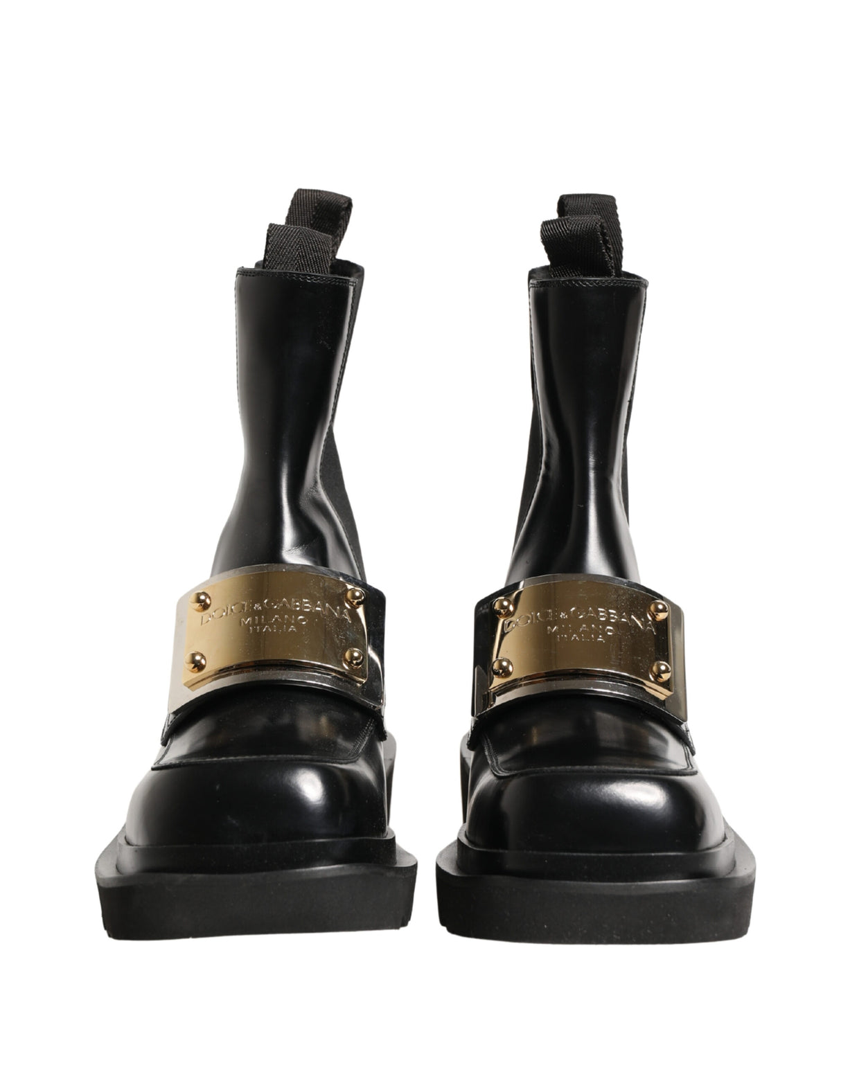 Dolce & Gabbana Black Leather Logo Plaque Ankle Boots Shoes