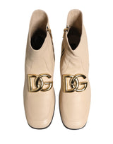 Dolce & Gabbana Beige Leather Logo Plaque Ankle Boots Shoes