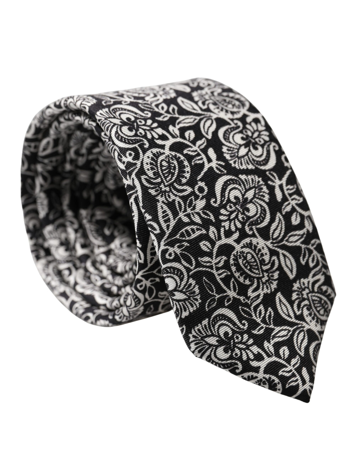 Dolce & Gabbana Black White Floral Fantasy Silk Adjustable Necktie Tie