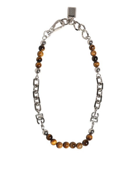 Dolce & Gabbana Silver Tone Brass Chain Beaded Gem DG Logo Bracelet