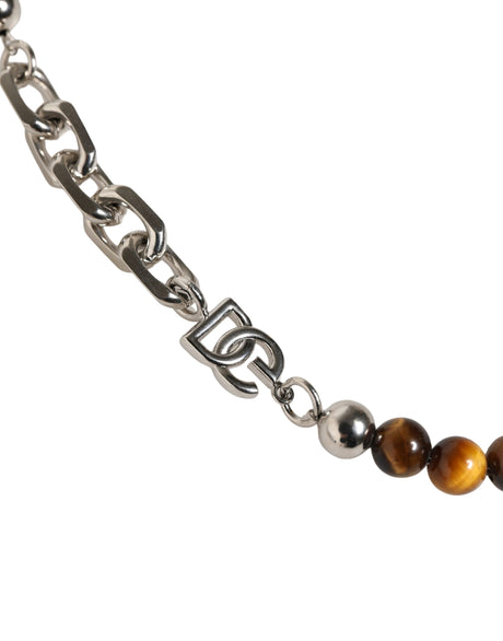 Dolce & Gabbana Silver Tone Brass Chain Beaded Gem DG Logo Bracelet