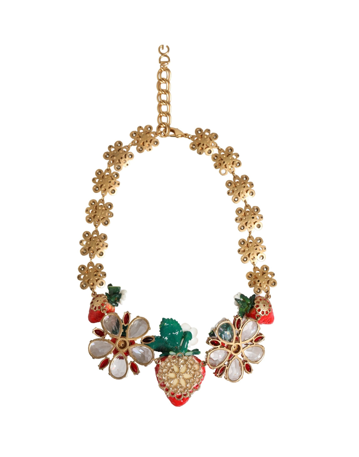 Dolce & Gabbana Gold Brass FRUIT Pendants Flowers Crystal Logo Necklace