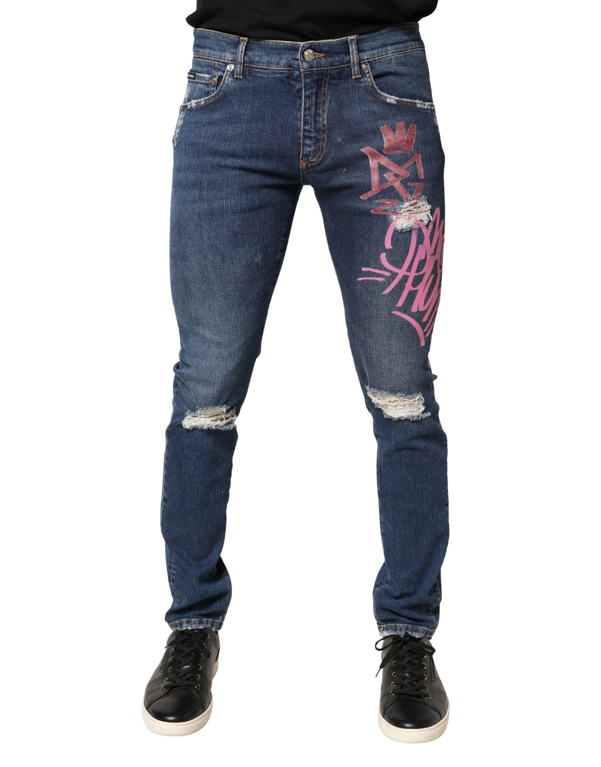 Dolce & Gabbana Blue Distressed Graffiti Print Skinny Jeans