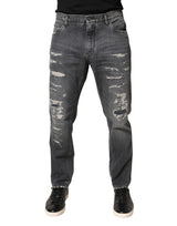 Dolce & Gabbana Dark Gray Tattered Cotton Loose Denim Jeans