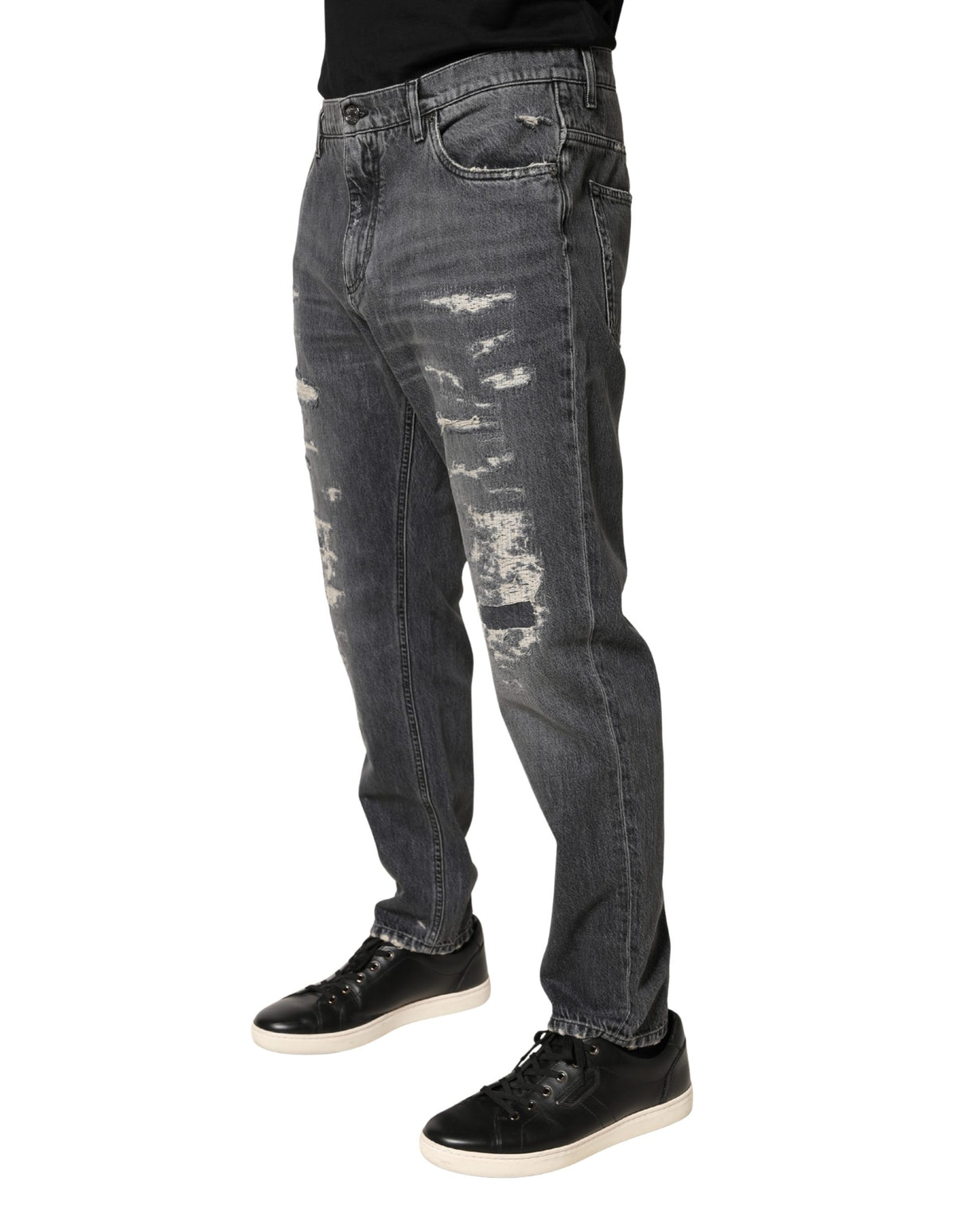 Dolce & Gabbana Dark Gray Tattered Cotton Loose Denim Jeans