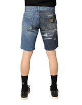 Dolce & Gabbana Blue Floral Embroidery Tattered Denim Shorts