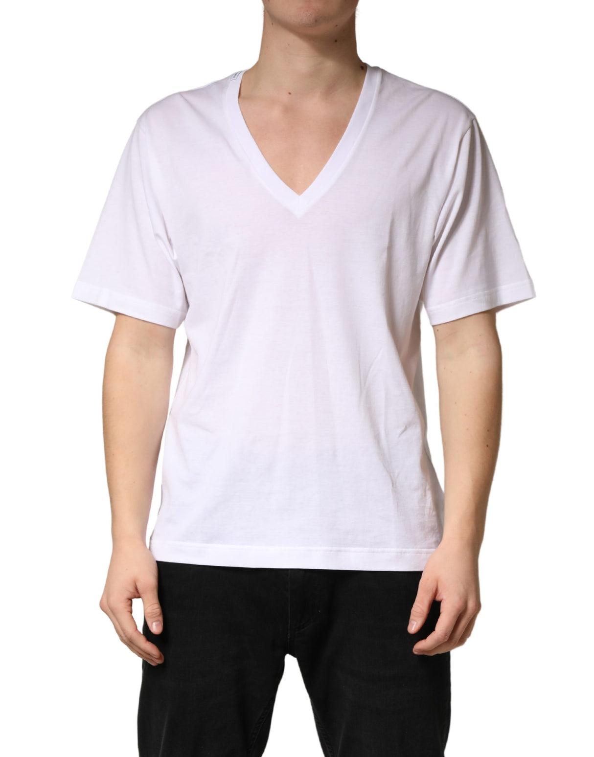 Dolce & Gabbana White Cotton Plain V-Neck Men Shirt T-shirt