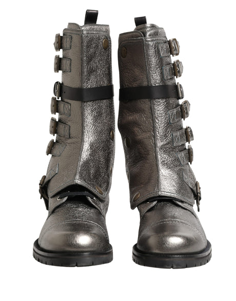 Dolce & Gabbana Metallic Silver Combat Biker Mid Calf Boots Shoes