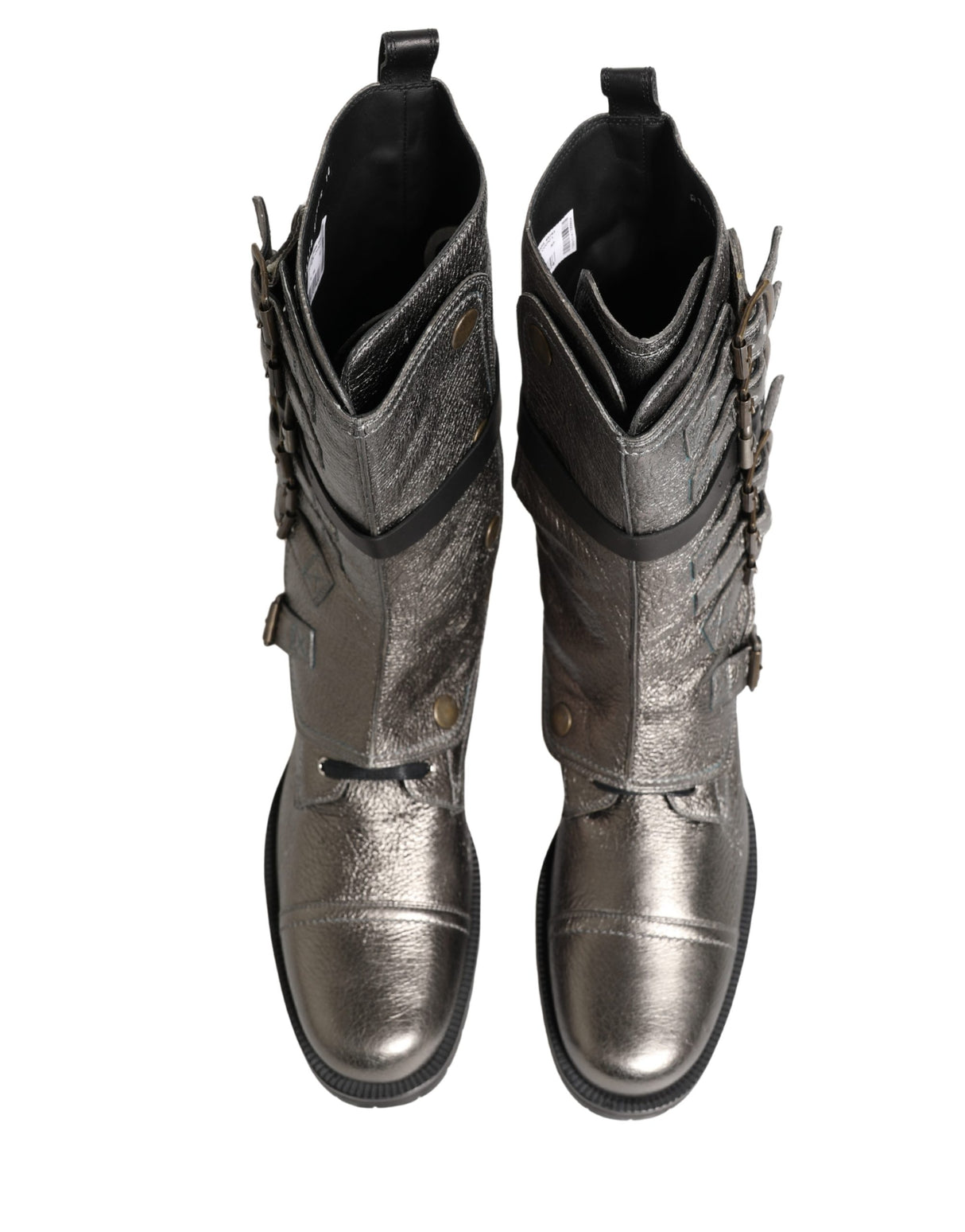 Dolce & Gabbana Metallic Silver Combat Biker Mid Calf Boots Shoes