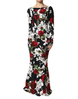 Dolce & Gabbana Black Floral Viscose Bodycon Long Gown Dress