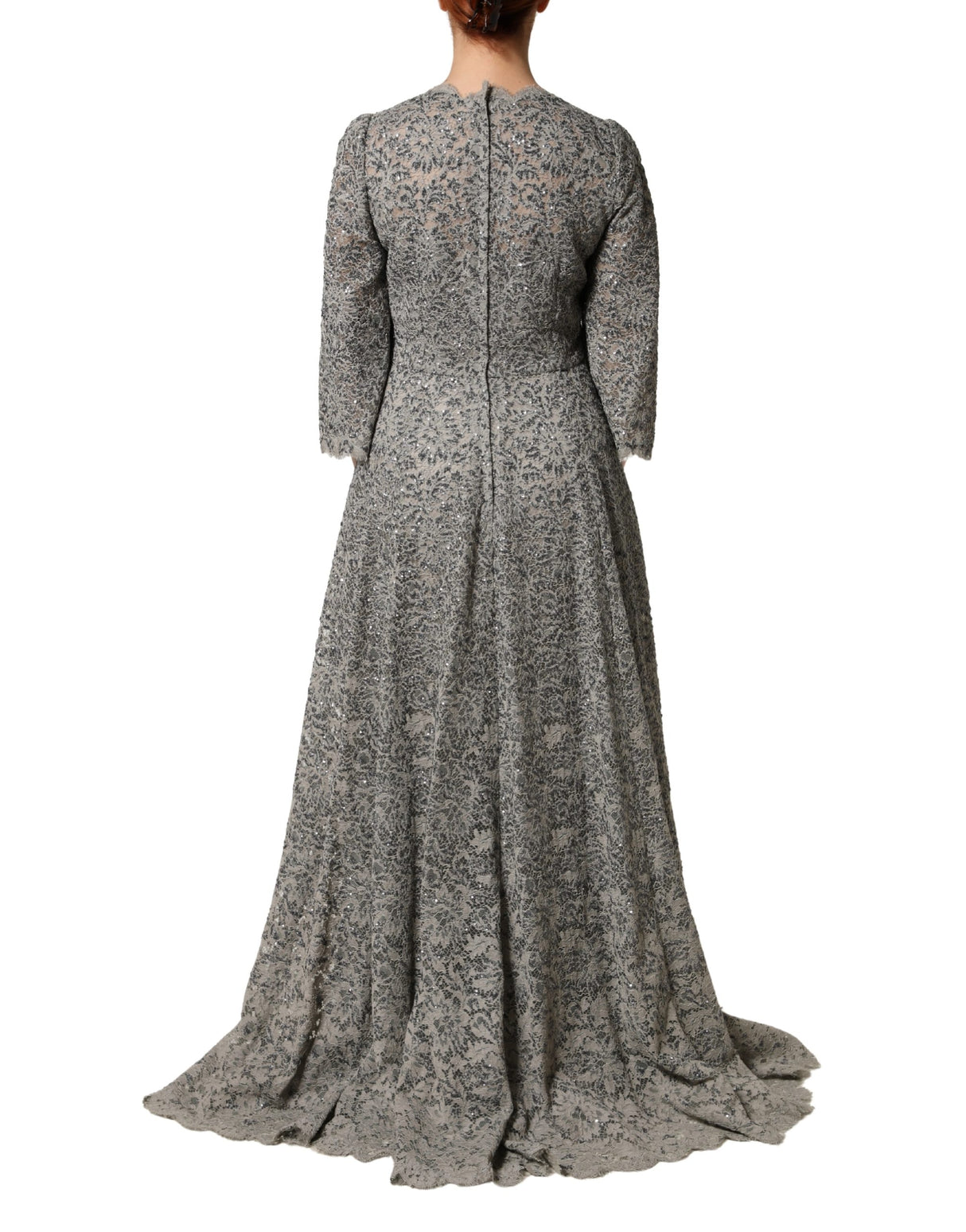 Dolce & Gabbana Gray Lace Long Sleeves Cotton Maxi Dress