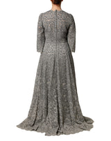 Dolce & Gabbana Gray Lace Long Sleeves Cotton Maxi Dress