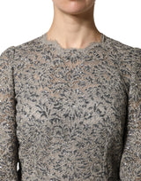 Dolce & Gabbana Gray Lace Long Sleeves Cotton Maxi Dress