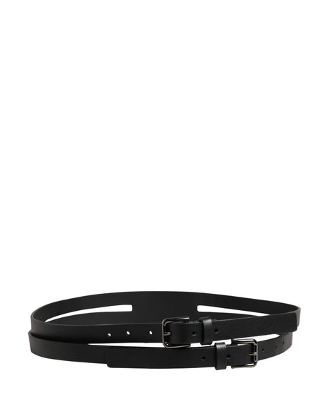 Dolce & Gabbana Black Double Strap Leather Silver Buckle Belt