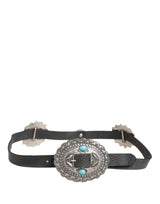 Cavalli Class Black Turquoise Leather Embellished Oval Buckle Belt