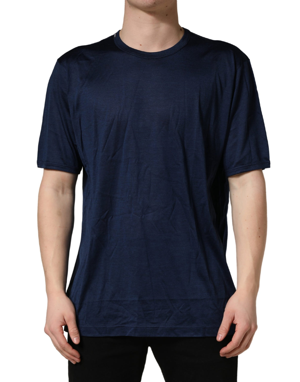 Dolce & Gabbana Dark Blue Silk Short Sleeve CrewNeck T-shirt