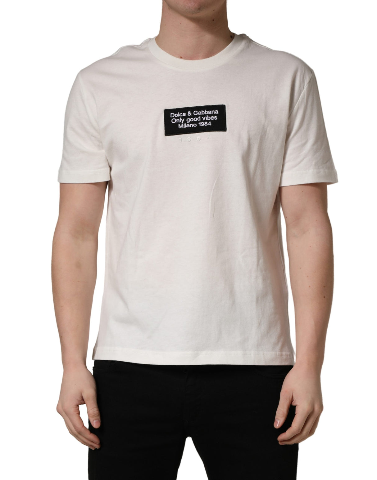 Dolce & Gabbana White Logo Patch Cotton Men Crew Neck  T-shirt