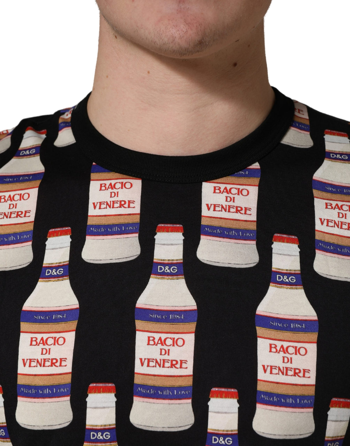 Dolce & Gabbana Black Bottle Print Cotton Crew Neck  T-shirt