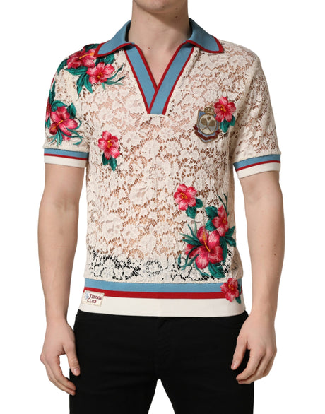 Dolce & Gabbana Beige Floral Tennis Club Lace Polo T-shirt
