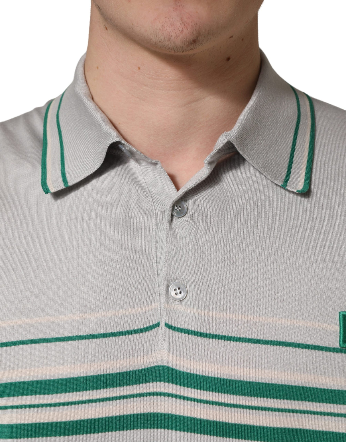 Dolce & Gabbana Gray Green Striped Logo Silk Polo T-shirt