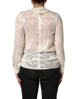 Dolce & Gabbana Off White Floral Semi Sheer Silk Blouse Top