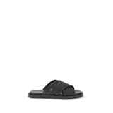 Ferragamo Black Calf Leather Bos Taurus Flat Sandals