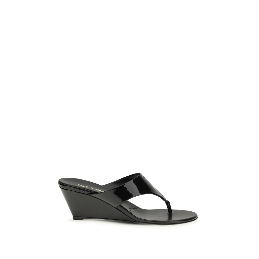 Prada Black Calf Leather Bos Taurus Wedge Sandals