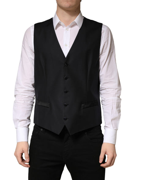 Dolce & Gabbana Black Wool Single Breasted Men Waistcoat Vest