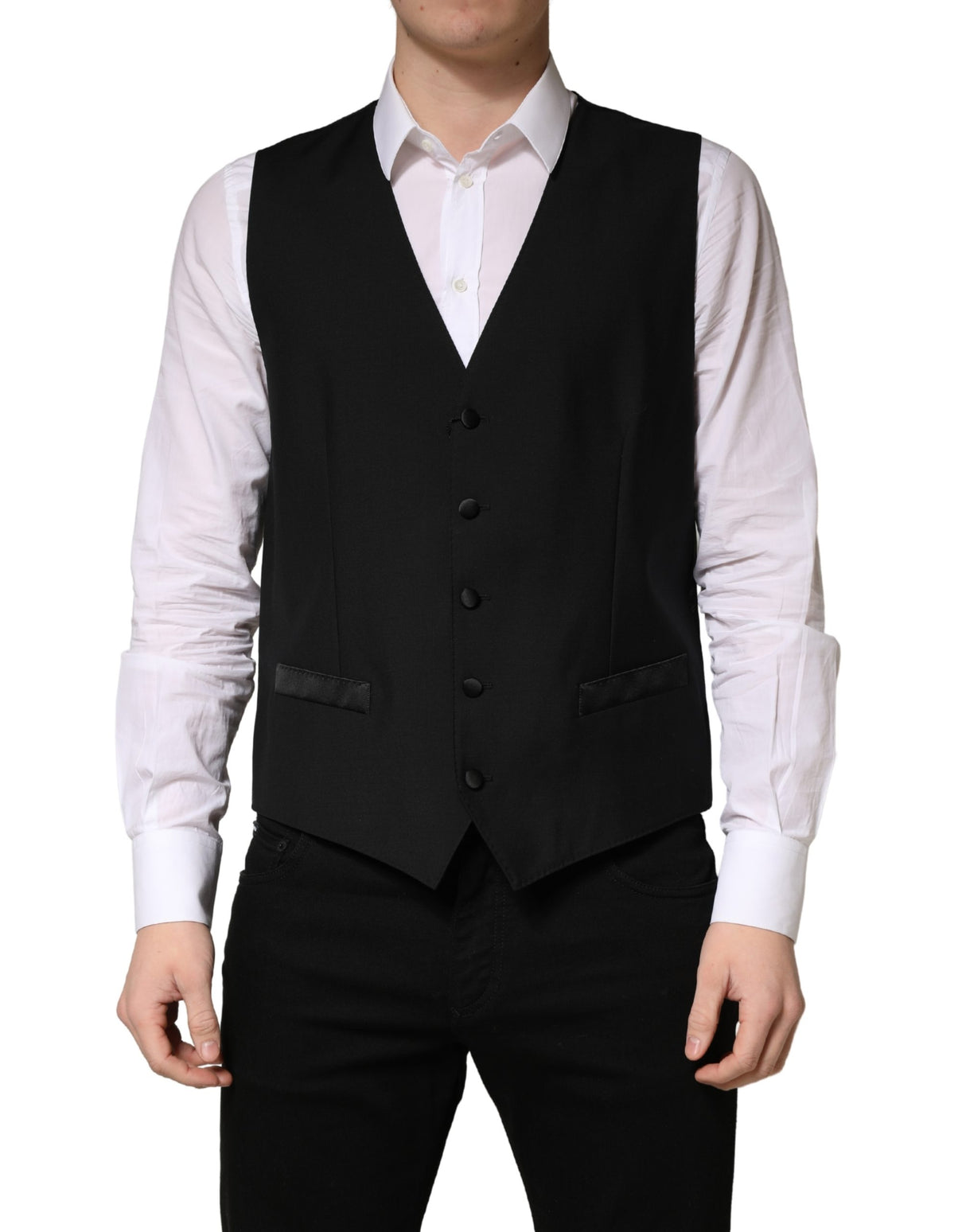 Dolce & Gabbana Black Wool Single Breasted Men Waistcoat Vest
