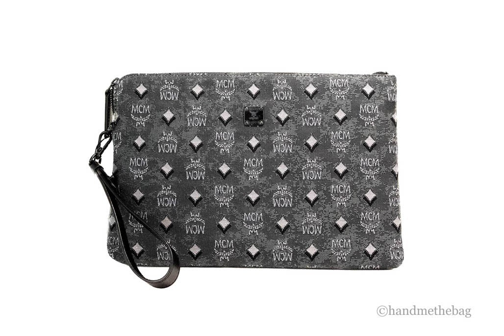 MCM Veritas Medium Dark Grey Denim Monogram Logo Canvas Clutch Pouch Handbag