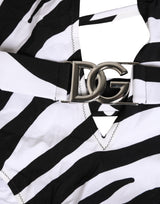 Dolce & Gabbana Black White Zebra Deep V-Neck One Piece Swimwear