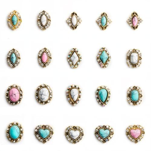 3D Turquoise Western Nail Ornament Mix Blue White and Pink Turquoise Charms Nail Art Gemstone Nail Art Jewelry Flower Heart Acrylic Nail Phone Case Card Womens DIY Decoration Products Home (20pcs)