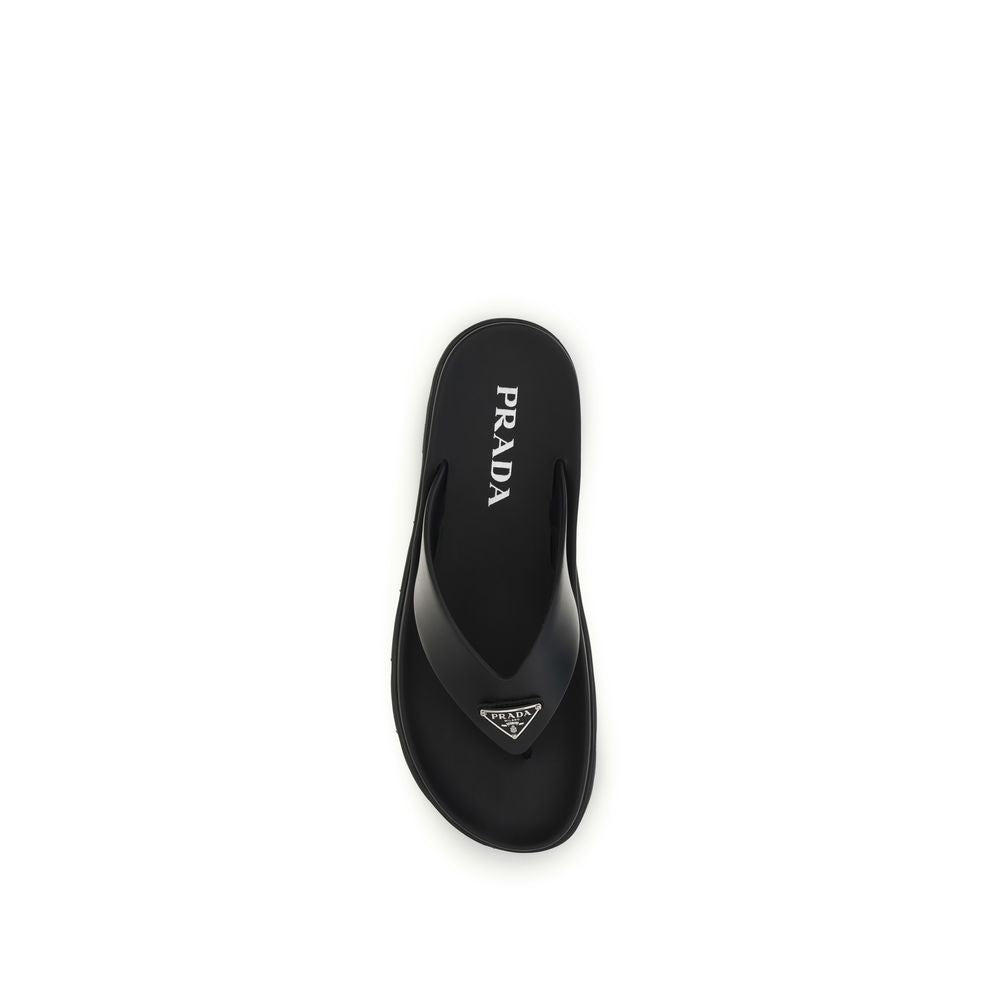 Prada Black Calf Leather Bos Taurus Flip-Flop Sandals
