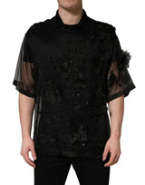 Dolce & Gabbana Black Floral Applique Sheer Short Sleeve Shirt