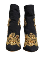 Dolce & Gabbana Black Gold Embroidery Crystal Boots Shoes