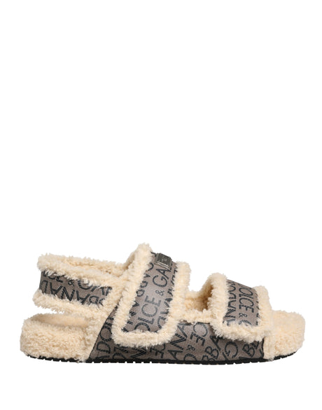Dolce & Gabbana Beige Faux Fur Logo Print Flats Sandals Shoes