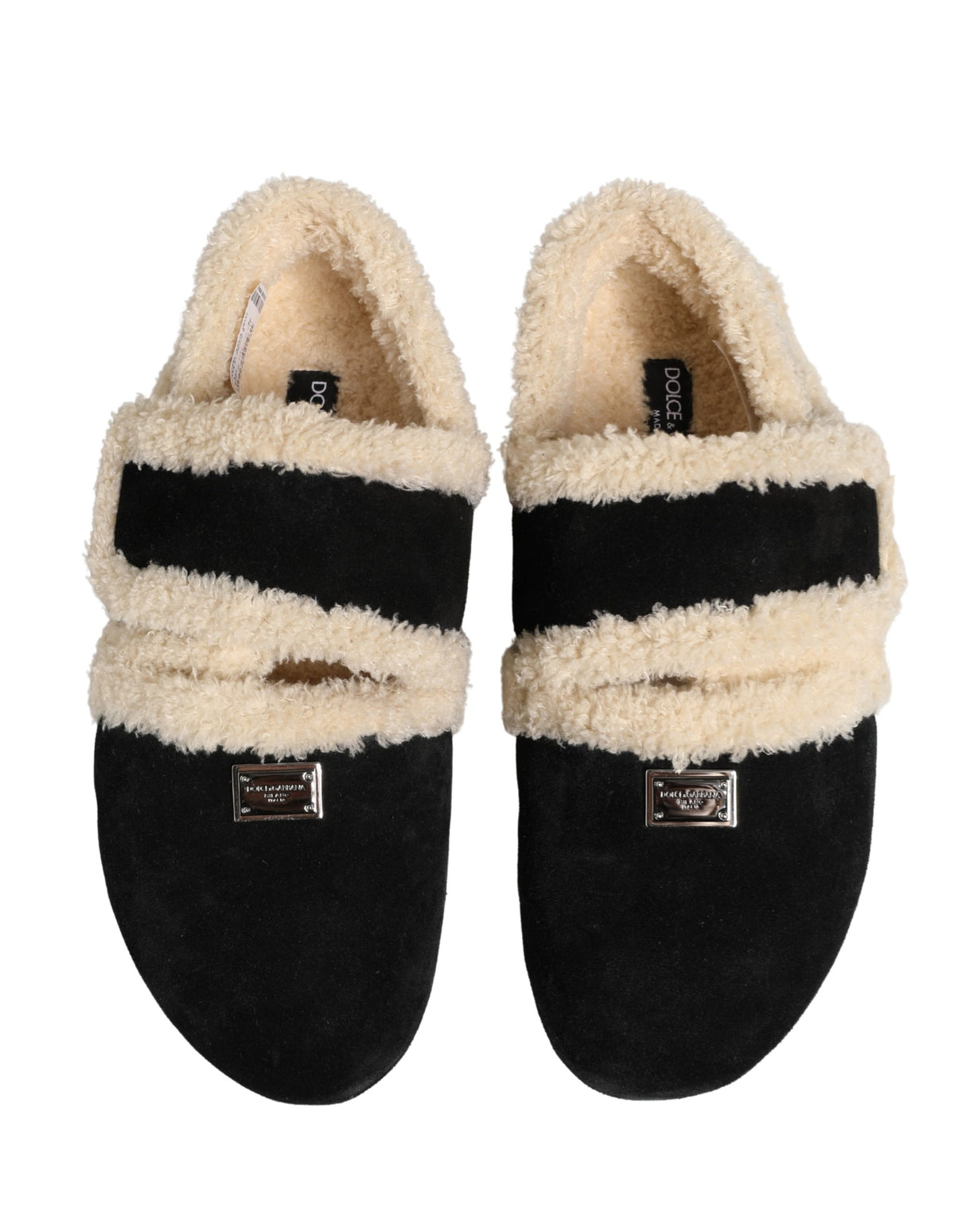 Dolce & Gabbana Beige Black Faux Fur Flats Men Sandals Shoes