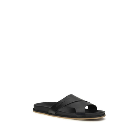 Santoni Black Calf Leather Bos Taurus Flat Sandals