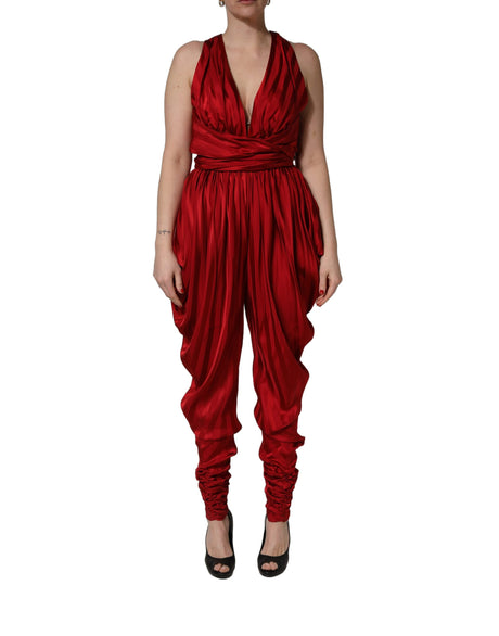 Dolce & Gabbana Red Plunging HalterNeck Draped Jumpsuit Dress
