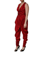 Dolce & Gabbana Red Plunging HalterNeck Draped Jumpsuit Dress