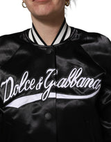 Dolce & Gabbana Black Satin Floral Embroidery Bomber Jacket